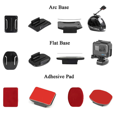All In One Action Camera Gear Accessory Kit with adhesive helmet base mounts and quick attach tripod adapters layout with camera