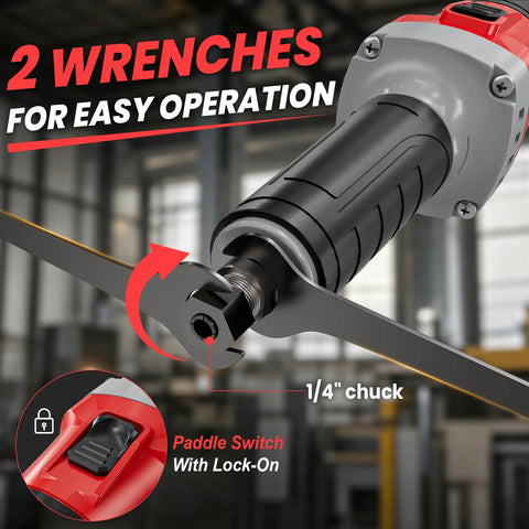 Close-up of Heavy Duty Cordless Die Grinder Featuring A Zippy 26000 Rpm Brushless Motor, showcasing 1/4 inch chuck and paddle switch.