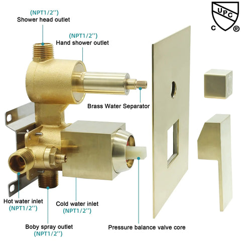 Brushed Gold 3 Way Shower Valve Kit With Concealed Brass Diverter And Flow Control Three Outlet Mixer components displayed