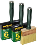 Pro Grade Deck Stain Brush Set 3 Pack Large 4 Inch 5 Inch 6 Inch With Threaded Extension Hole in packaging.