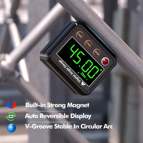 Magnetic Digital Angle Finder Protractor Inclinometer with backlit display showing 45 degrees attached to metal pipe
