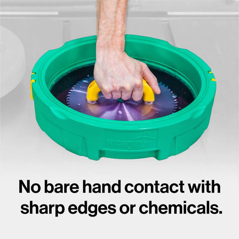 BladeClean Saw Blade And Router Bit Cleaning Kit System with magnetic handle lifting saw blade from green cleaning well.