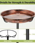 Heavy Duty Metal Bird Bath For Outdoors With 12 Inch Diameter Bowl Rustproof Waterproof Coating showing dimensions and base structure