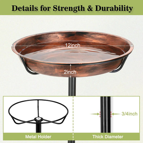 Heavy Duty Metal Bird Bath For Outdoors With 12 Inch Diameter Bowl Rustproof Waterproof Coating showing dimensions and base structure