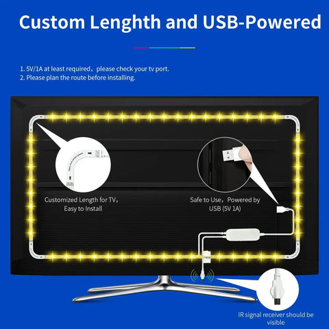 65 Inch TV Backlight Kit With RGBW LED Strips, USB-powered bias lighting showing installation on 60 to 72 inch screens.