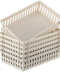 Bulk Set Of Six Small Beige Plastic Storage Baskets Perfect For Desk Drawer And Countertop Tidy Organization stacked vertically.