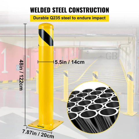 Tough As Nails 48 Inch Steel Safety Bollard Post In Bright Yellow Finish, 5.5" Diameter, for parking lot traffic control.