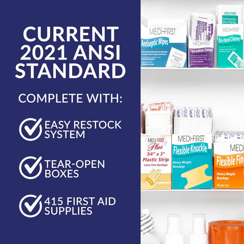 First aid supplies display on metal shelving with Medi-First boxes and a blue ANSI standard banner