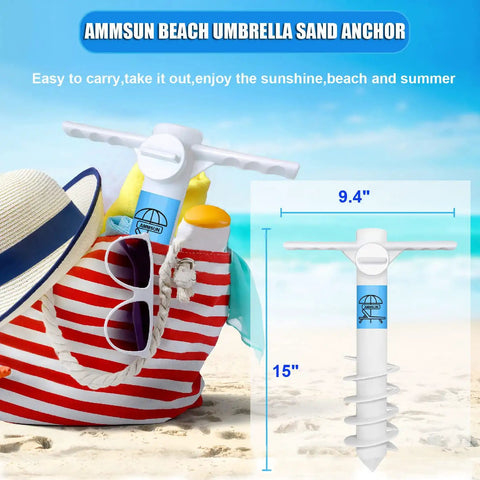 Beach Umbrella Sand Anchor Heavy Duty Base With 5 Spiral Screws Universal Fit 15 inch white ABS on beach with bag and hat