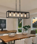 Black Rectangle Kitchen Island Light With Five Linear Pendant Fixtures Modern Industrial Chandelier in dining room setting
