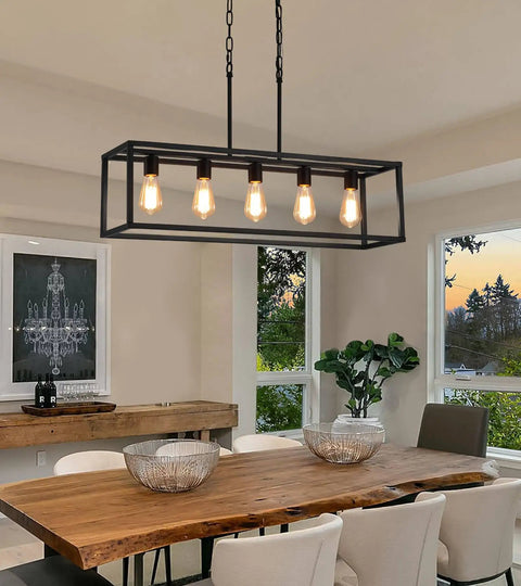 Black Rectangle Kitchen Island Light With Five Linear Pendant Fixtures Modern Industrial Chandelier in dining room setting