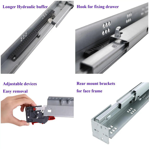 Collage of Undermount Concealed Soft Close Drawer Slides 15 Inch Full Extension, showing hydraulic buffer, hook, and mounting brackets.