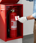 Installation of 200 Pcs Self Adhesive 3 Inch Waterproof Vinyl Fire Extinguisher Inside Stickers on red fire cabinet.