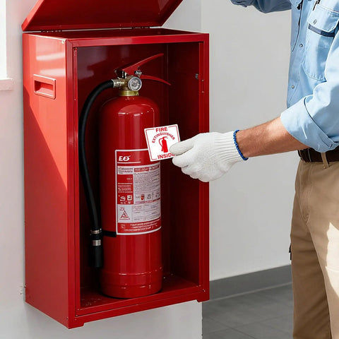 Installation of 200 Pcs Self Adhesive 3 Inch Waterproof Vinyl Fire Extinguisher Inside Stickers on red fire cabinet.