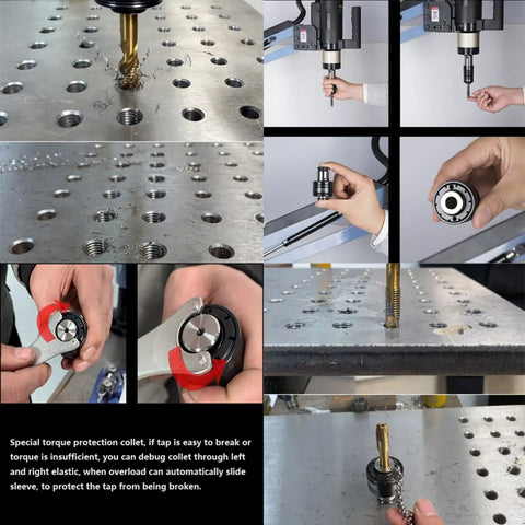 Heavy Duty 1200W Electric Tapping Machine 360 Degree Rotation M6 To M30 Threading Tool showing collet and drilling on metal surface.