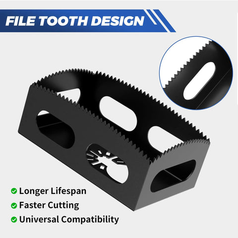 Close-up of upgraded stainless steel square slot cutter for drywall outlet box, showcasing file tooth design and universal compatibility.