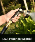 Person holding hose with Solid Brass Quick Connect Hose Fittings Set With Universal Three Quarters Inch GHT Fit No Leak