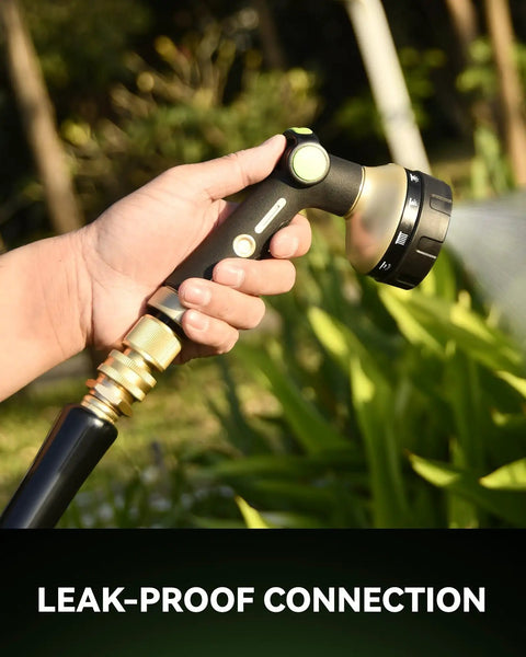 Person holding hose with Solid Brass Quick Connect Hose Fittings Set With Universal Three Quarters Inch GHT Fit No Leak
