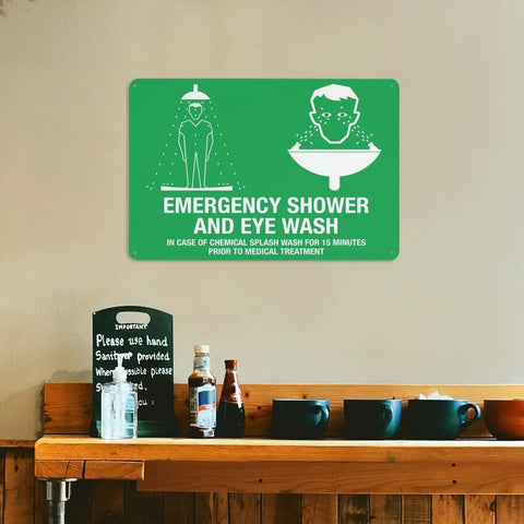 Emergency Shower And Eye Wash Outdoor Safety Sign For Chemical Hazards 8x12 Wall Plaque in a kitchen environment.