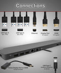 Connections on Hella Efficient USB C Docking Station With Integrated Active Cooling Fan and Ergonomic Laptop Rest Angle Thunderbolt 3 Compatible.