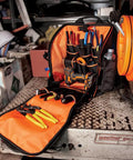 Open All In One Tool Backpack With 21 Pockets And Big Interior Includes Removable Magnetic Flashlight And Built In Work Light