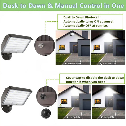 Ultra Bright Outdoor Led Flood Light With Knuckle Mount And Plate Included 14000 Lumens 1000W Equivalent 100-277V 5000K Etl Commercial Floodlight showing dusk to dawn and manual control options.