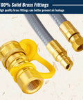 Front view of 15 ft natural gas grill hose, 3/8 in ID, brass quick-connect fittings with yellow cap.