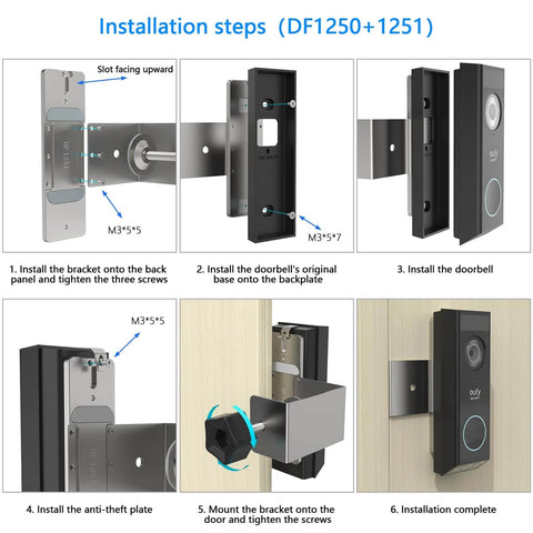 Anti Theft Doorbell Mount For Eufy E340 Video Doorbell Camera installation steps showing bracket and anti-theft plate setup