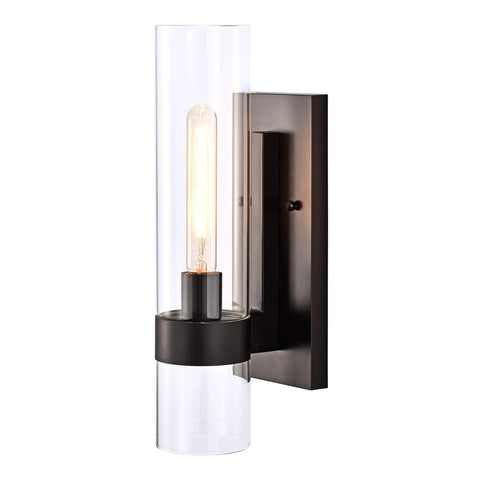 Black Indoor Wall Sconce Light Fixture With Cylinder Glass Over Mirror For Vanity Bedroom Kitchen Sink Hallway And Living Room Modern Dope Bath Lighting That Is Easy To Install And Use, showing clear cylinder glass with visible bulb