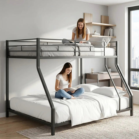 Sturdy Twin Over Full Metal Bunk Bed With Ladder And Full Length Guardrails Space Saving Steel Frame For Shared Rooms