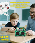 Adult assisting child with Bluetooth Speaker Kit With LED Light For Kids And Teens Build Your Own Portable Speaker In Green Transparent Acrylic Case Fun Hands On STEM Project For Girls And Boys Ages 8 Through 16 on classroom desk.