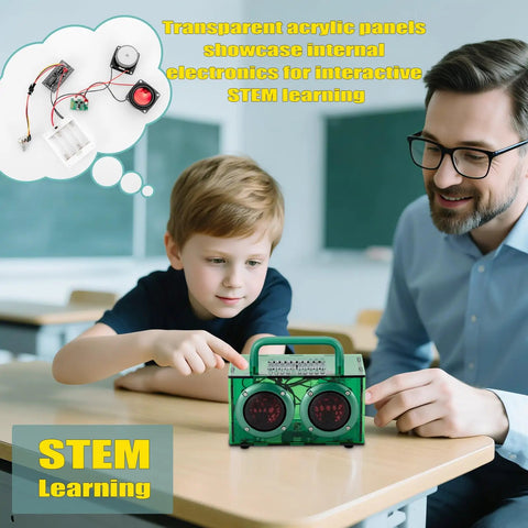 Adult assisting child with Bluetooth Speaker Kit With LED Light For Kids And Teens Build Your Own Portable Speaker In Green Transparent Acrylic Case Fun Hands On STEM Project For Girls And Boys Ages 8 Through 16 on classroom desk.