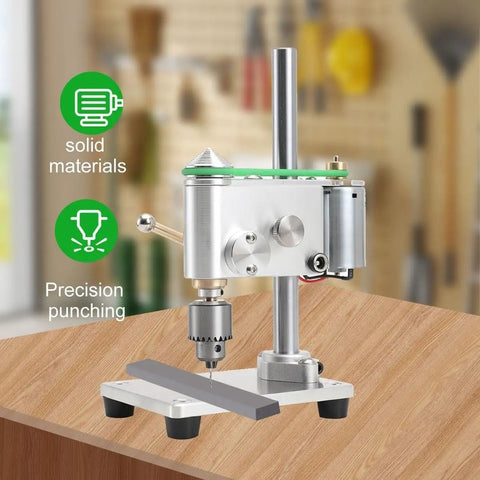 Tiny Benchtop Drill Press Precision Watch Repair Tool Adjustable Speed Up To 4500Rpm mounted on a workbench with a metal piece.