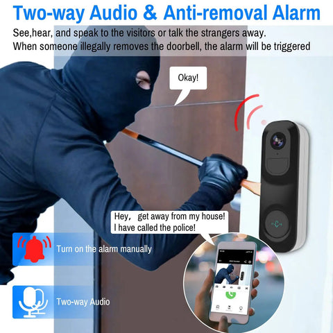 2K HDR Wireless Doorbell Camera With Rechargeable Battery, Chime Included, Night Vision, 2 Way Audio on door with intruder alert