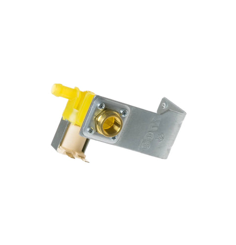 OEM WD15X10014 Water Inlet Valve for Dishwashers, metal and yellow plastic, angled view showcasing no frills install.