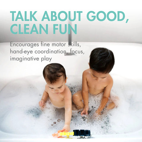 Two toddlers in a bathtub playing with Cogs Spinning Gear Bath Toys Set For Bathtub Navy And Yellow 5 Count Suction Toys.