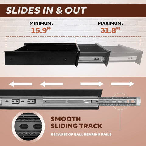Built Like a Tank Heavy Duty Under Desk Drawer Slide Out, showing smooth sliding track mechanics and adjustable length options.