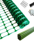 Extra Strength Plastic Fence With Stakes 40 Inch By 100 Foot Roll Green Heavy Duty Temporary Fence For Garden Boundaries Pets Poultry Netting Construction Safety Pool Area And More with stakes, gloves, and ties