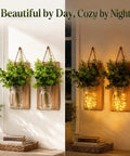 Rustic Mason Jar Wall Sconces Featuring Led Fairy Lights And Faux Ivy Vine Serve Up Serious Farmhouse Charm And Super Cool Evening Vibes For Your Spot Killer Decor Two Pack with warm light and greenery.
