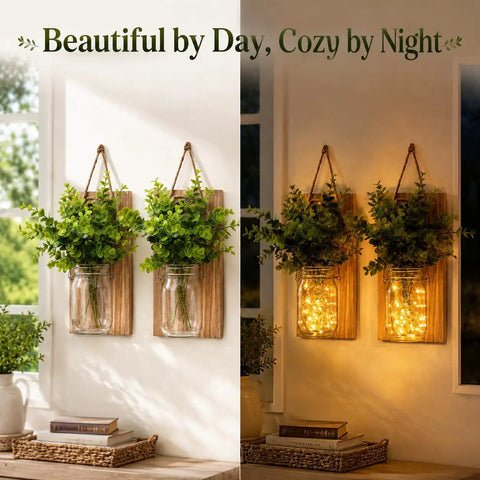 Rustic Mason Jar Wall Sconces Featuring Led Fairy Lights And Faux Ivy Vine Serve Up Serious Farmhouse Charm And Super Cool Evening Vibes For Your Spot Killer Decor Two Pack with warm light and greenery.