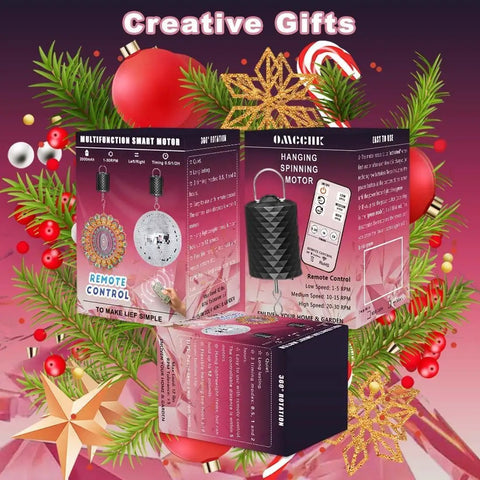 Packaging of disco ball motor with remote for 6 to 20 inch mirror balls, 12 lbs capacity, adjustable 1 to 30 RPM, festive backdrop