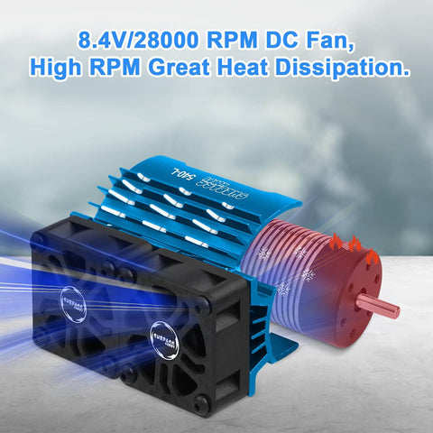 Dual 30mm RC Car Cooling Fans With Metal Heatsink, Up To 28000 RPM, shown with highlighted airflow over a brushless motor.