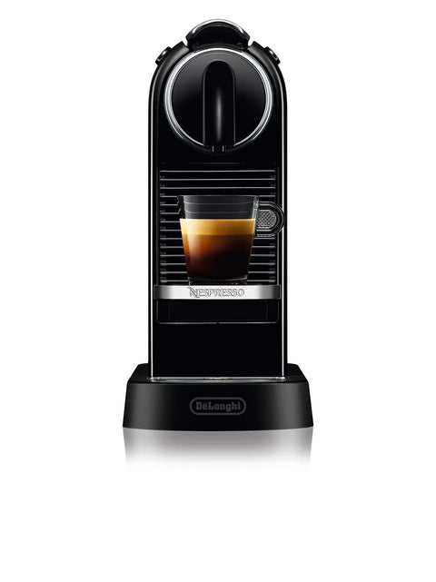 CitiZ Original Espresso Machine Black For Home Baristas Sleek Compact Capsule Coffee Maker With Easy One Tap Espresso Shots Modern Design Includes Complimentary Capsule Welcome Kit front view with espresso cup