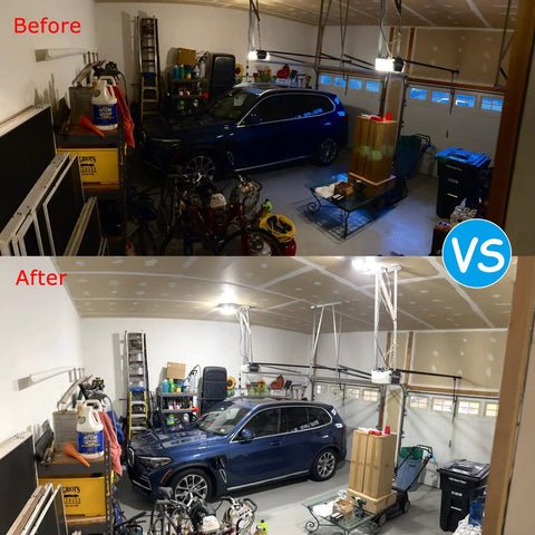 Garage before and after installing Beast Bright 80W LED Garage Light with 8000 lumens and 6500K daylight, improved brightness.