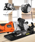 Compact Cordless Mini Circular Saw 20V Battery Powered With Blazing 3400 RPM Motor showing angle and depth adjustment features.