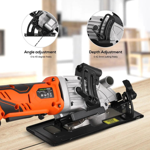 Compact Cordless Mini Circular Saw 20V Battery Powered With Blazing 3400 RPM Motor showing angle and depth adjustment features.