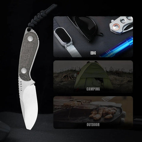 Buddy Fixed Blade Knife With 3 Inch D2 Steel Blade, Olive Green Micarta Handle in camping and outdoor setup, 1081M1