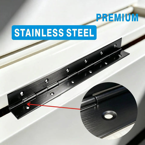 Badass Heavy Duty Black 304 Stainless Steel Continuous Piano Hinges Four Pack 12 Inch Long With Matte Rust Free Coating installed on cabinet door.