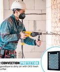 Construction worker using Fresh Air System For Any Mask Reusable Respirator With 4 Speed Fan Delivers Filtered Air