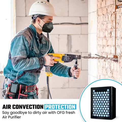 Construction worker using Fresh Air System For Any Mask Reusable Respirator With 4 Speed Fan Delivers Filtered Air